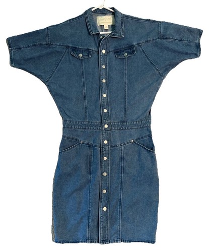Vintage 80s Denim Mini Dress Batwing Dolman Snap Front Retro Size 10 Rockabilly
