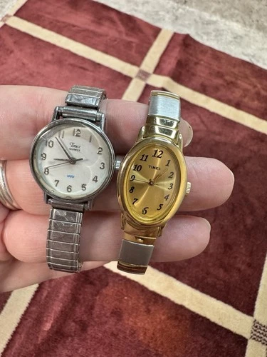 Vintage Timex Quartz Watch Lot Silver & Gold Stretch Band Needs Battery