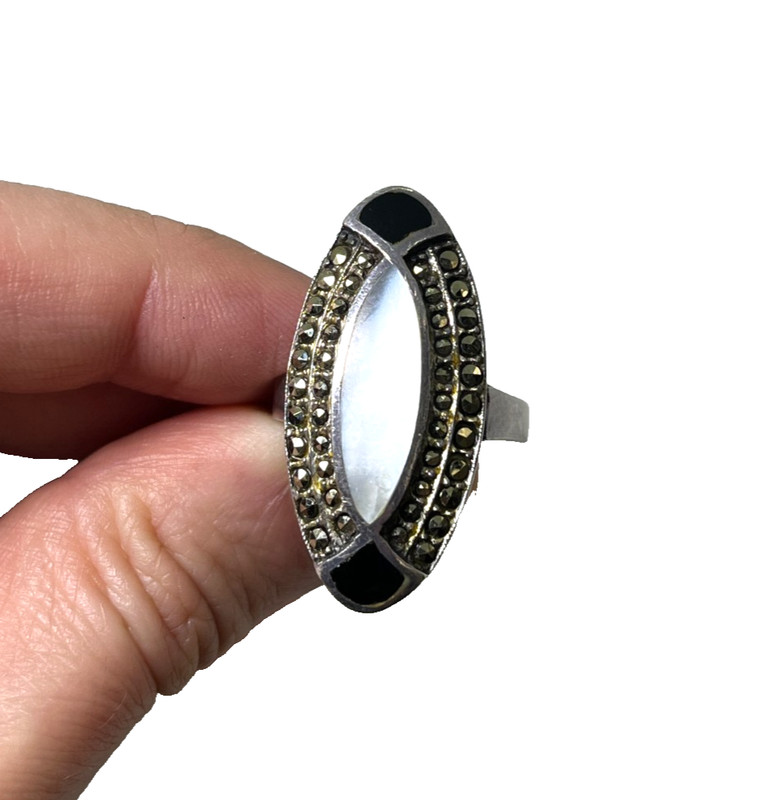 Sterling Silver Mother of Pearl Onyx & Marcasite Elongated Statement Ring