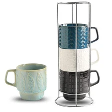 Ceramic Coffee Mug Set With Stand Stackable Large Cup 4 PCS Blue 16 oz