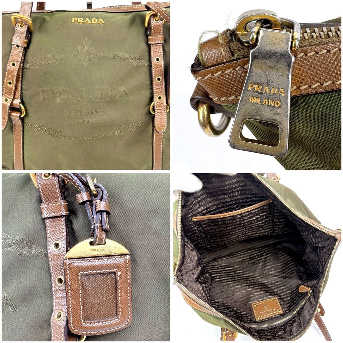 PRADA 2Way Tote Bag Logo Hardware Green Khaki Tessuto Nylon Shoulder Bag Used thumbnail 18