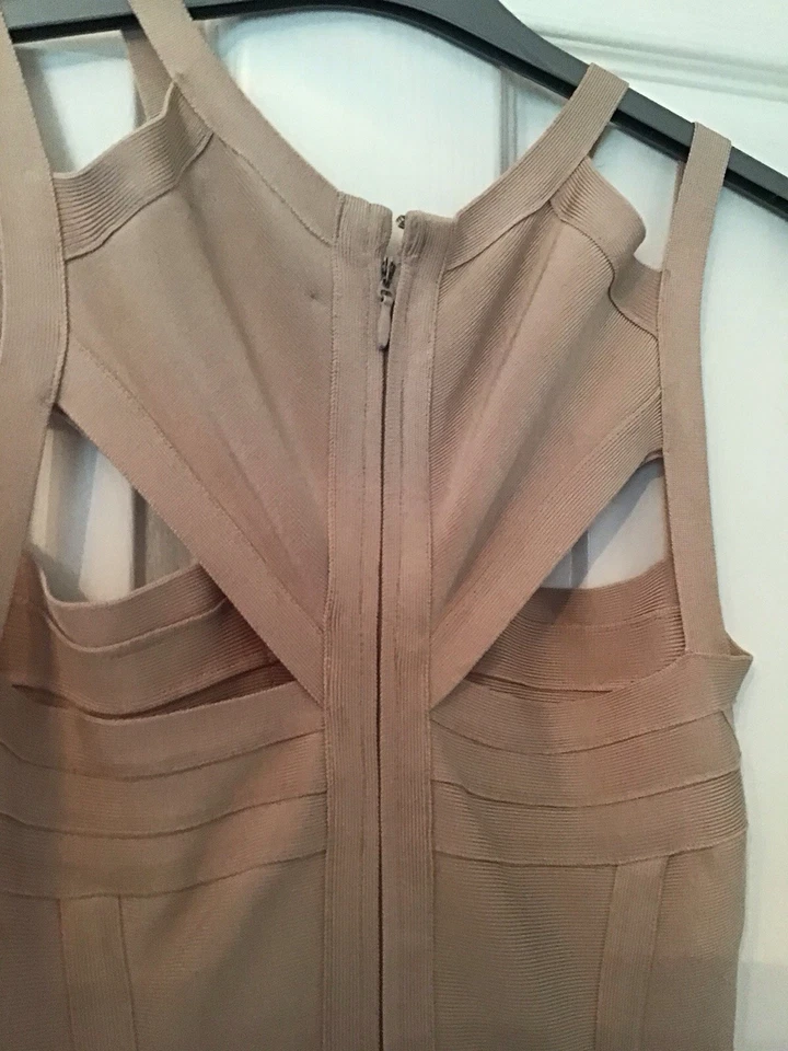 Glam Beige Frill Skirt Fitted Classy Original Bandage Dress 10 Celeb Boutique - Image 4 of 4