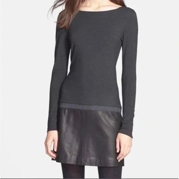 Theory Women’s Keiran Drop Waist Leather Hem Dress Size Small Jersey Knit $425 - Image 2 of 4