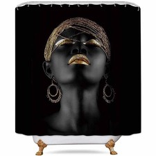 Afro Girl Shower Curtain, Black Girl Golden Lips Decor Set with 12 Hooks 72 X...