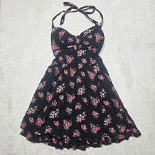 Guess Sz 8 Mini Halter Dress Black Dotted Red Flowers Cottage Core Goth Grunge