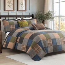 5-Piece Quilt Set Queen Size, 100 Cotton, Queen 90"x98" Brown/Green/Gray