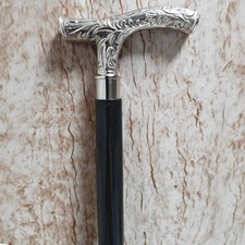 Vintage Walking Cane Black Silver Ornate Floral Handle Decorative Walking Stick