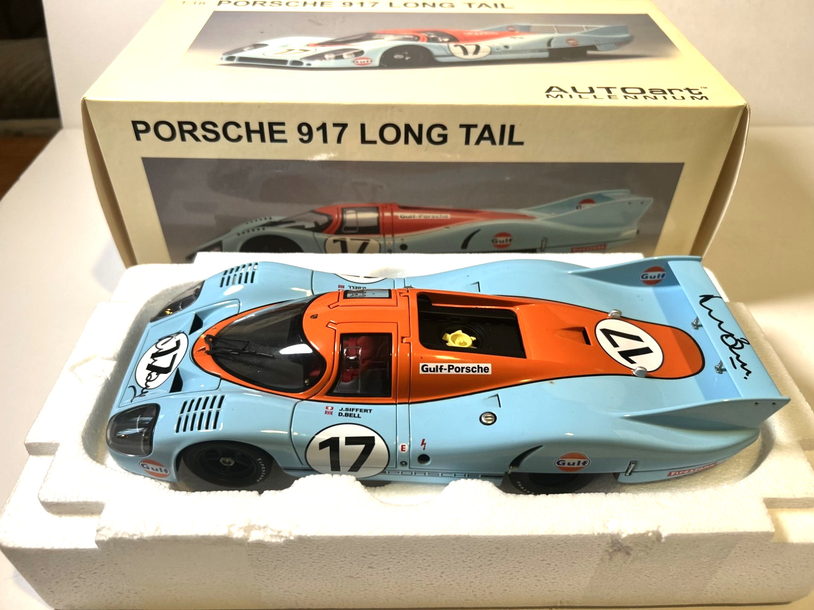 Derek Bell signed #17 Porsche 917 Long Tail RARE AUTOart 1:18 scale full diecast
