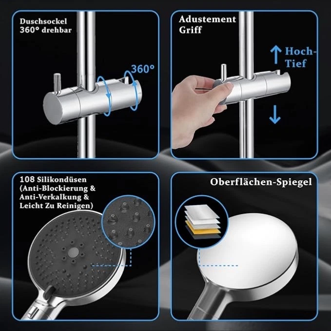 Duschsystem 360° Drehbar Duschkopfhalterung und 1,5m Schlauch Duschset für Bad - Bild 2 von 4