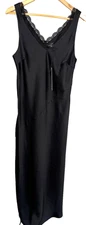 Nicole Miller Slip Dress Gown Maxi Women M Black Satin Long Lace Trim Sleeveless