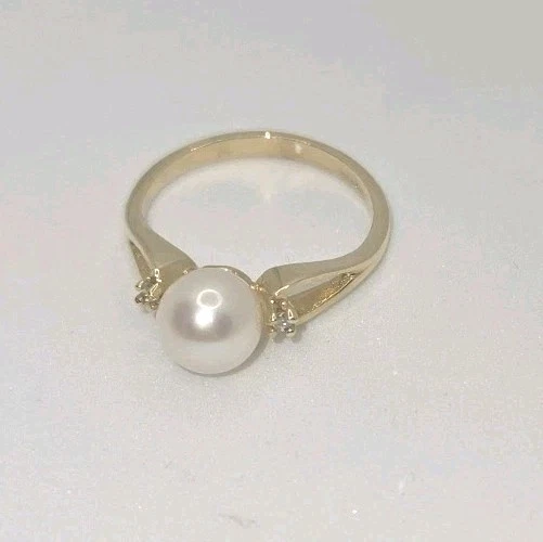 Anel solitário pérola cultivada ouro amarelo 14K pérola e diamante Reeds tamanho 7 em excelente estado usado - Imagem 3 de 4