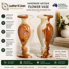 Handmade Antique Flower Vases Natural White Onyx Brown Tone 8" x 3" Set of 2