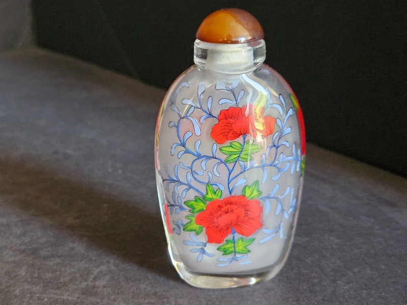 Reverse Painted Chinese Snuff Glass Bottle Floral Design