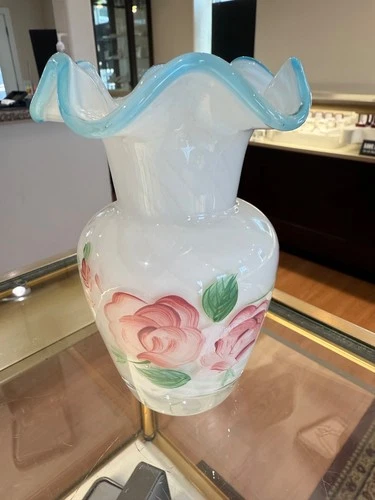 Vintage Fenton Aqua Crest Floral Ruffled Vase