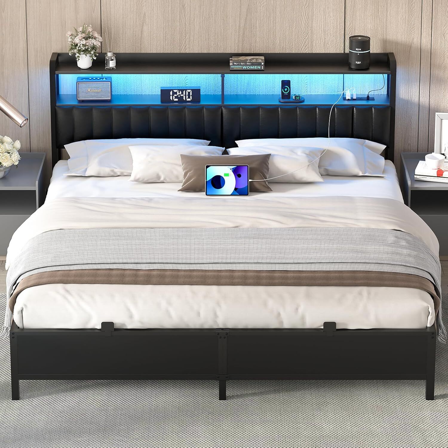 Bed Frame with Adjustable Upholstered Leather Headboard ＆ Charging Station ＆ LED-image
