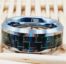 Stylish Silver Tungsten Men s Ring Green Black Carbon Fiber Inlay Promise Band