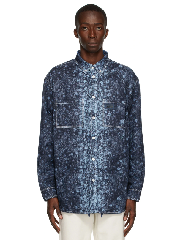 Burberry Mens Fish Scale Print Denim Snap Close Jacket in Indigo