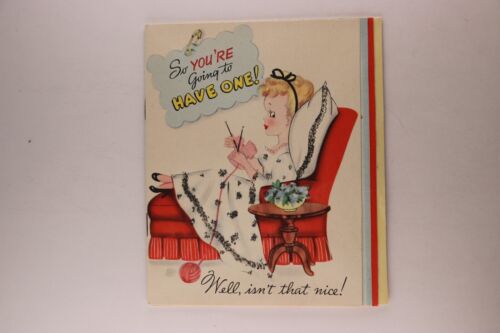 Vintage Story Book Style Funny Happy Birthday Card Knitting/Clothes Line c1950's - Afbeelding 1 van 5