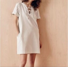 Madewell Harbor Lace-Up Shift Dress Striped White Blue Women’s Size S