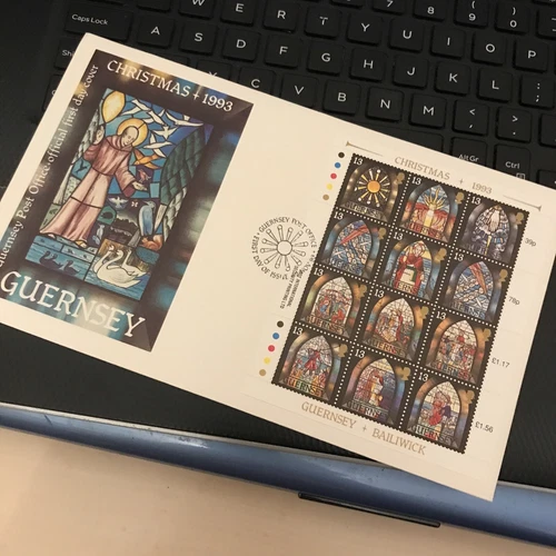 GUERNSEY First Day Cover FDC 1993 CHRISTMAS STAINED GLASS WINDOWS SHEETLET 12