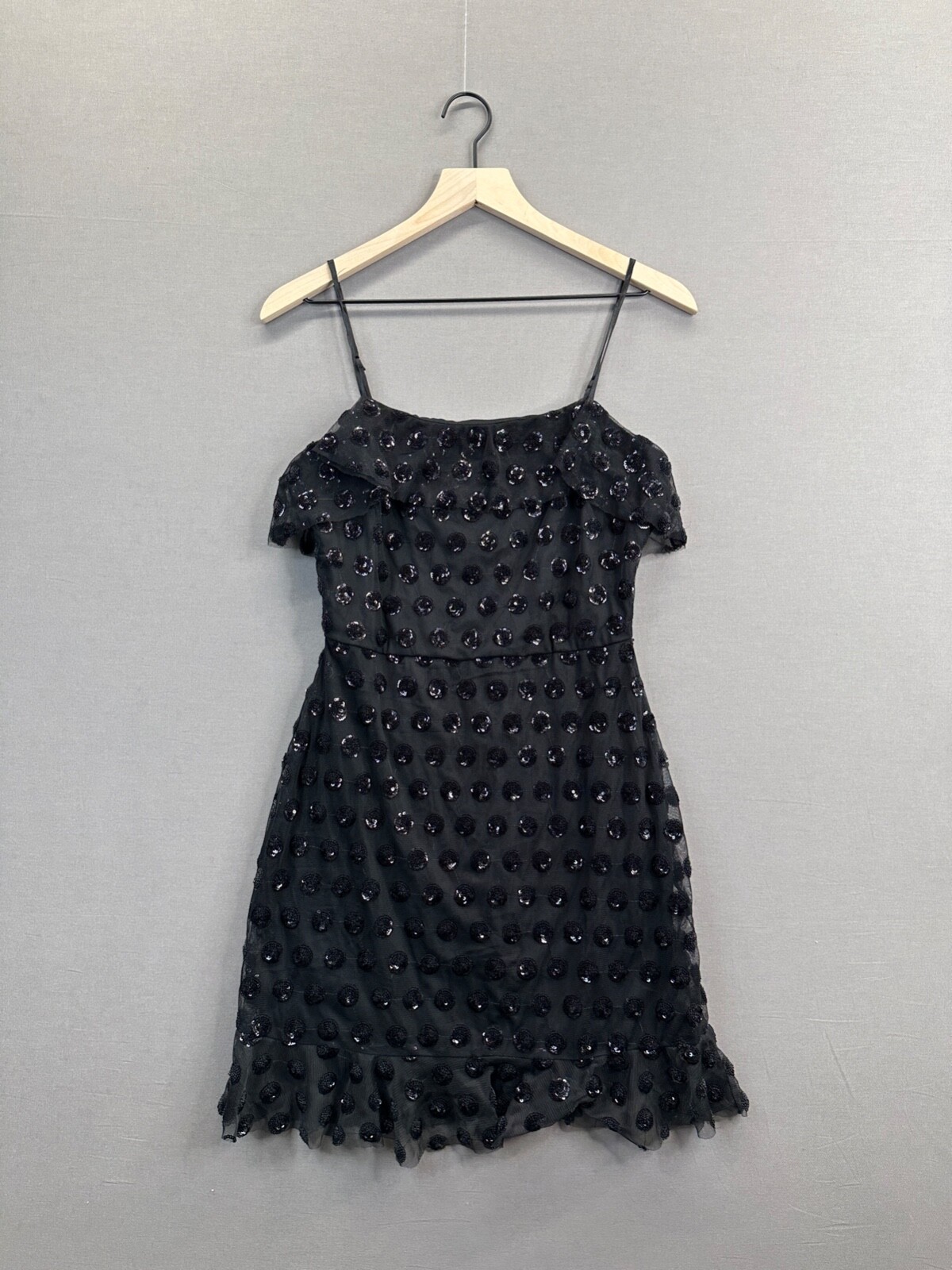 Rowa Womens Black Mini Dress Polka Dot Sequin Sleeveless Ruffle Size Medium