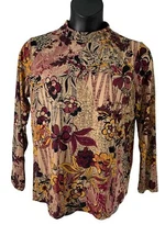 Susan Graver Printed Liquid Knit Mock Neck Top With Button Rich Wine
