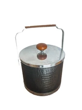 MID CENTURY ICE BUCKET, BLACK ATAPCO ICE BUCKET, CHROME/WOOD HANDLE, BAR DECOR