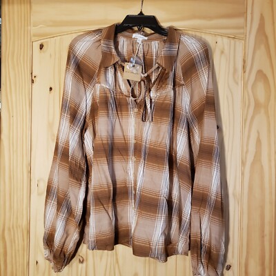 NWT Blu Pepper Fall Shirt Brown & White Plaid Boho Blouson Sleeves Size Large