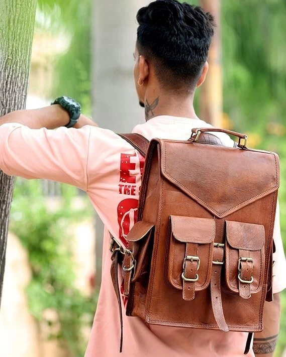 Leather Bag Backpack Men's Vintage Genuine Rucksack Laptop Brown Travel New Real