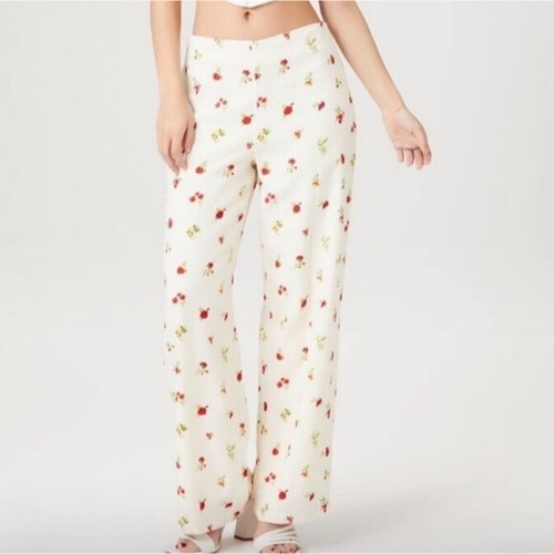 Forever 21 Linen Floral Wide Leg Pants Womens L White Red Casual Retro 90s Y2K - Picture 2 of 11