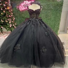 Gothic Black Quinceanera Dresses Ball Gown 3D Floral Glitter Party Dress Sweet16
