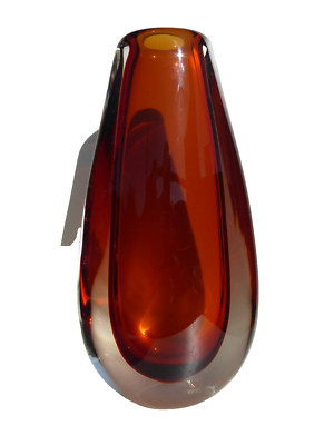 HUGE 15/2 INCH. SIGNED CENEDESE AMBER CLEAR VASE SOMMERSO MURANO VASE ''SCARABEO''