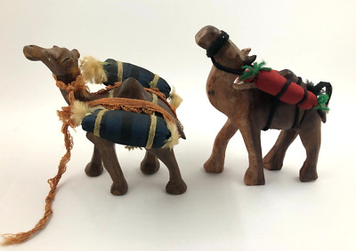 Carved Wood Set of Two Different Camels with Packs on Humps, Nativity