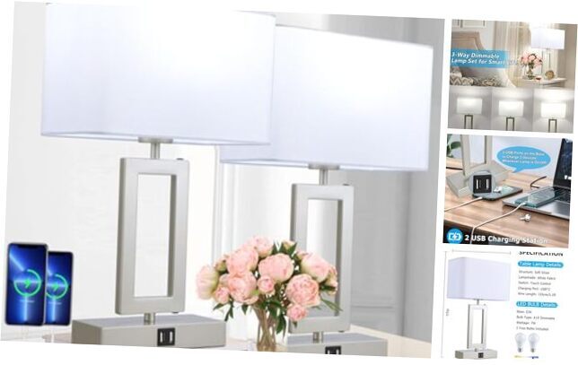 Table Lamp Set of 2 Lamps for Bedroom, Touch Control Table Medium White&Silver-image