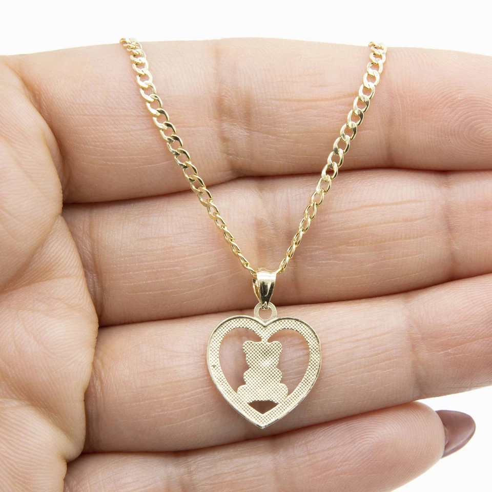 3/4" Teddy Bear in Heart Pendant Necklace Real 10K Yellow White Gold - Image 2 of 4