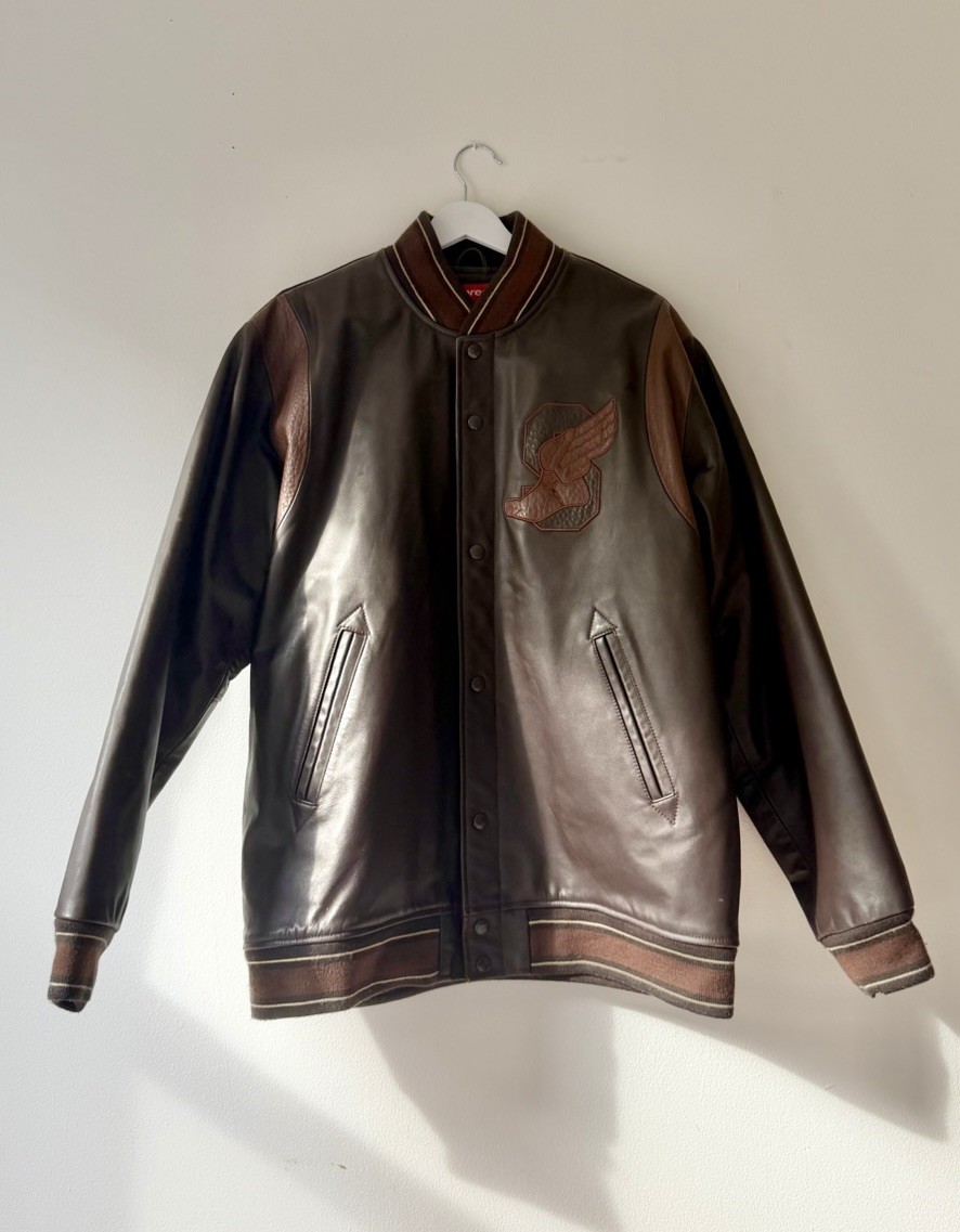 SUPREME leather wing Foot Varsity bomber Jacket vintage brown Size 