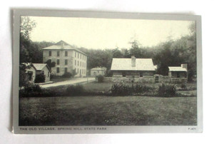 Vintg 1950s chrome postcard of The Old Village, Spring Mill State Park (Indiana)