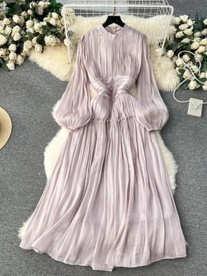 French Luxury Folds Wedding Formal Occasion DressStand Puff Sleeve Pleated Dress