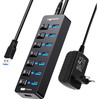 USB Hub 3.0 7 Ports, Netzteil, Schnellladung, USB Verteiler, PC, Laptop