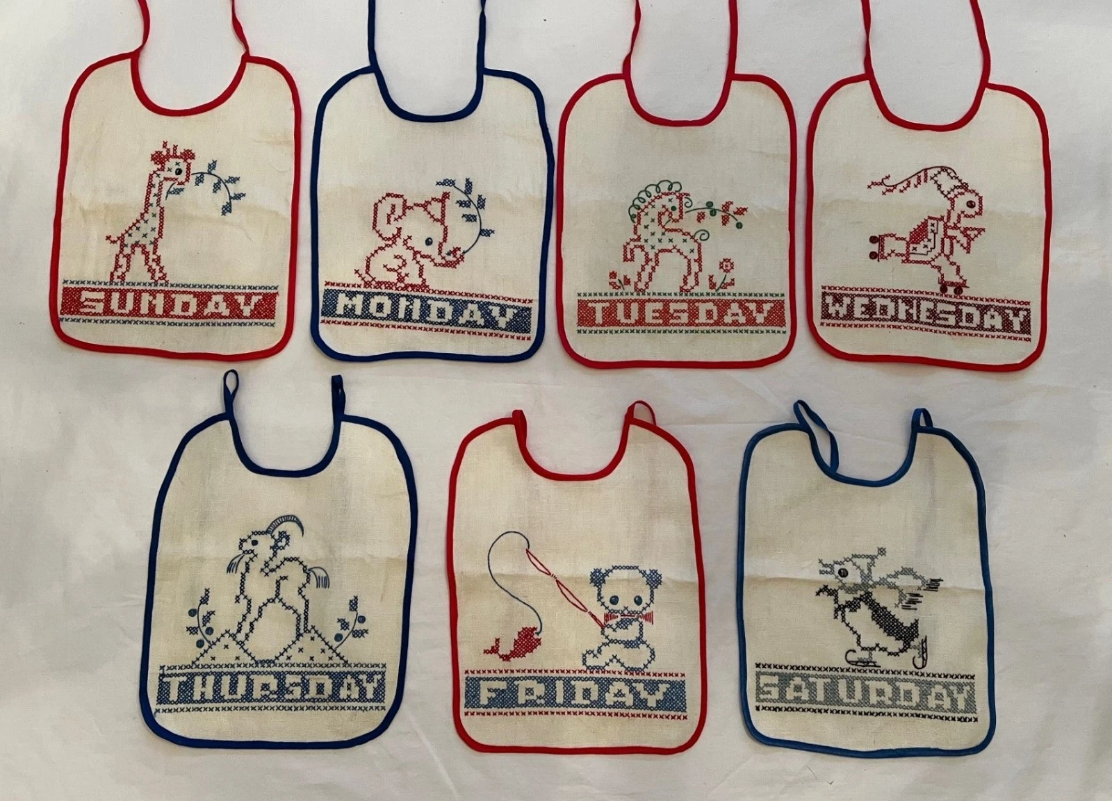 Vintage 1950/60s Hand Cross Stitched Day of the Week Baby Bibs - Animal Theme
Opens in a new window 