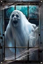 Halloween White Ghost Window Cover, Scary Window Posters Silhouette Halloween
