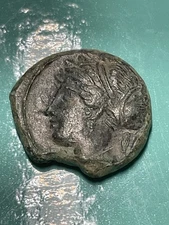 Ancient Greek Bronze Coin Head Of Arethusa (466-405 BC) Dolphin &Shell Reverse