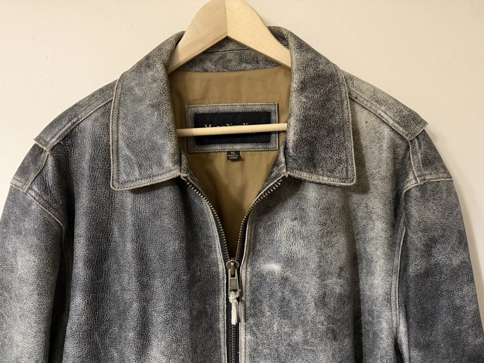 Andrew Marc New York Genuine Leather Distressed Grey Moto Bomber Jacket XL NICE! - Image 3 of 4