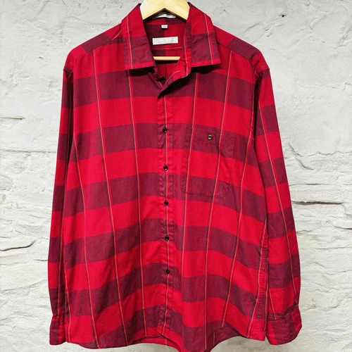 Christian Dior Plaid Red Button Up Shirt Mens XL Lightweight Long Sleeve Vtg 90s