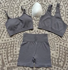 OQQ 3 Pc Set Women size M ribbed Taupe 1 shoulder & Tank top & Matching shorts