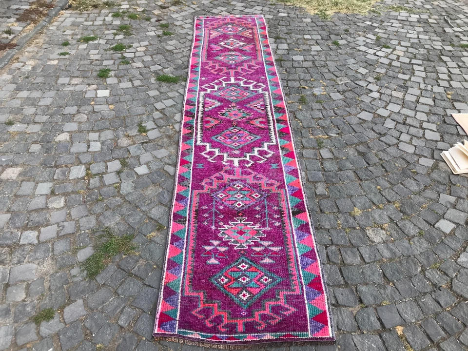 Alfombra turca vintage hecha a mano alfombra de lana alfombra bohemia corredor 2,7 x 12, pies Foto 3 de 4