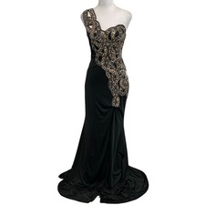 Mac Duggal Black Jersey One Shoulder Beaded Embellished Upper Formal Dress sz 4