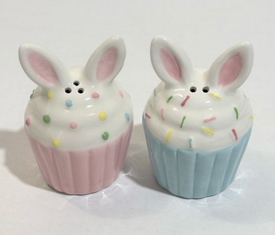    Welcome Spring Ceramic Easter Bunny Ears Cupcake Salt & Pepper Shaker Set