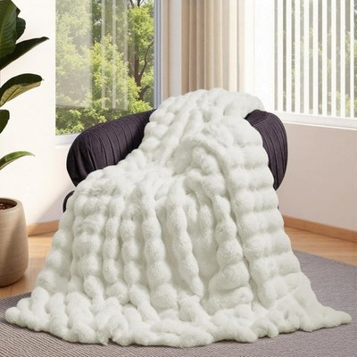 Lotus Karen Faux Fur Throw Blanket Cream White Big Bubble Rabbit Fluff 50''x60''