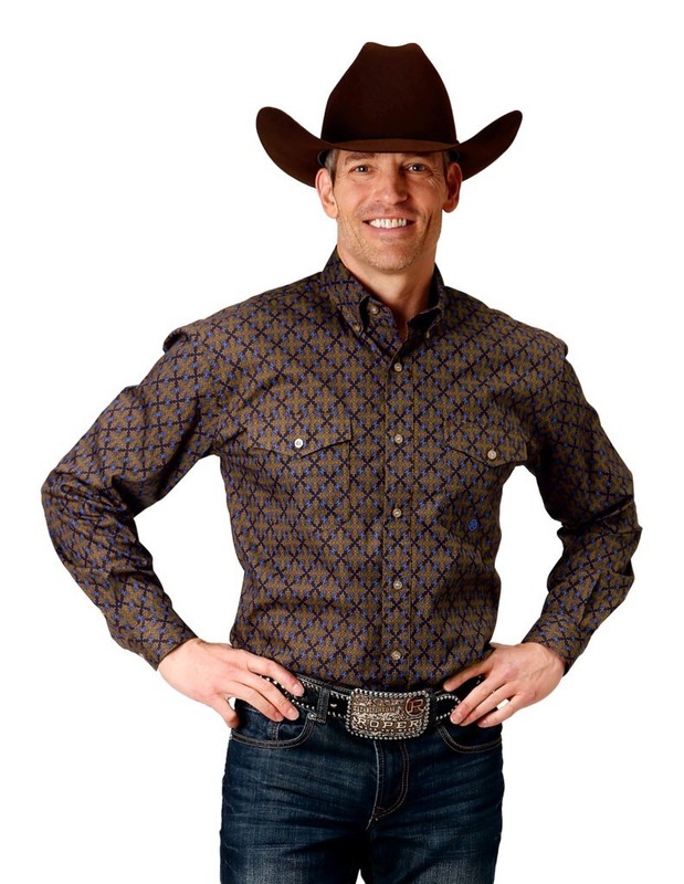Roper Western Shirt Mens L/S Print L Brown 03-001-0325-1004 BR CLEARANCE